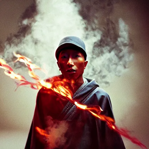 Image similar to cinematic film still Pharrell Williams starring as a Samurai holding fire, Japanese CGI, VFX, 2003, 40mm lens, shallow depth of field,film photography