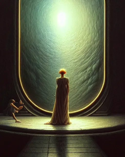Image similar to a hyper - detailed 3 d render like a oil painting of seeing your true self in a magic mirror, surrealism!!!!! surreal concept art, lifelike, photorealistic, digital painting, aesthetic, smooth, sharp focus, artstation hd, by greg rutkowski, bruce pennington, valentina remenar and asher duran,
