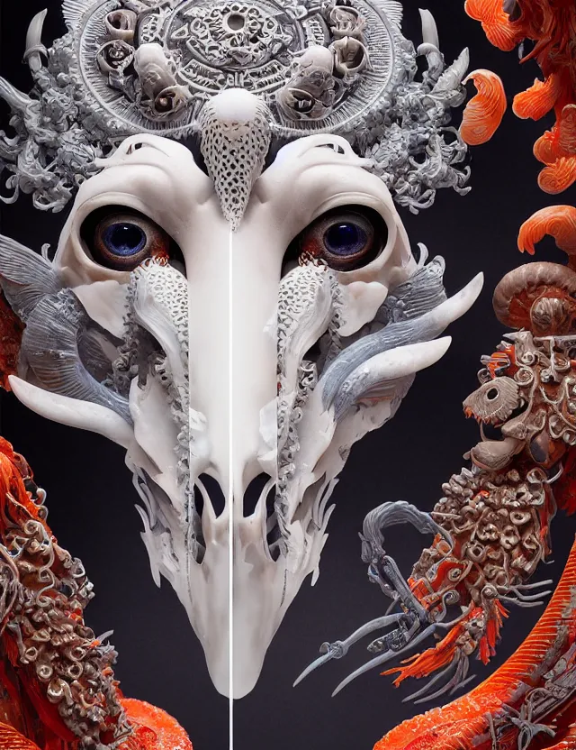 Image similar to 3 d goddess of death close - up profile portrait with ram skull. beautiful intricately detailed japanese crow kitsune mask and clasical japanese kimono. betta fish, jellyfish phoenix, bio luminescent, plasma, ice, water, wind, creature, artwork by tooth wu and wlop and beeple and greg rutkowski