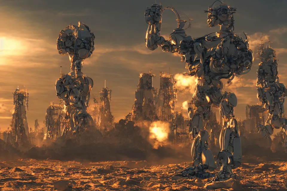 Prompt: The Nuclear Robot Apocalypse Will Be Televised On Alpha Centauri, beautiful aesthetic, photorealistic, volumetric lighting, hyperrealistic, octane render, HDR, photorealistic, bokeh