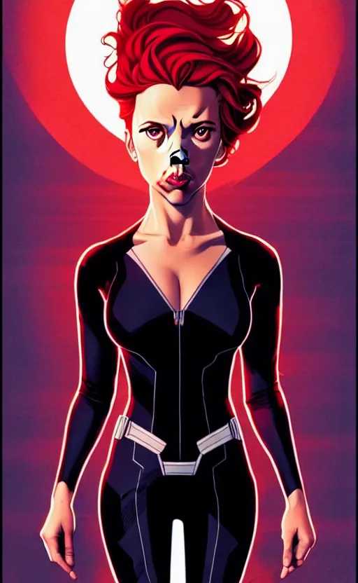 Image similar to rafeal albuquerque comic art, joshua middleton comic art, artgerm, cinematics lighting, night time, pretty scarlett johansson black widow, big smirk, symmetrical face, symmetrical eyes, long red hair, full symmetrical body, flying in the air, jumping off rooftop