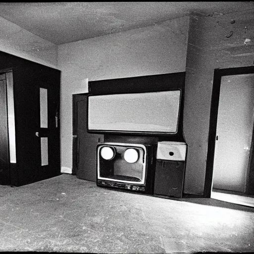 Image similar to Photograph of an old black room with a TV playing an emergency warning while a sleep paralysis demon crabwalks around, dust in the air, brown wood cabinets, SCP, taken using a film camera with 35mm expired film, bright camera flash enabled, award winning photograph, sleep paralysis demon crabwalking towards camera, creepy, liminal space, in the style of the movie Pulse