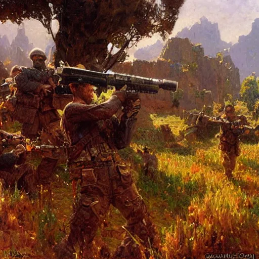 Prompt: soldiers being killed by fantasy minecraft creeper, painting by Gaston Bussiere, Craig Mullins