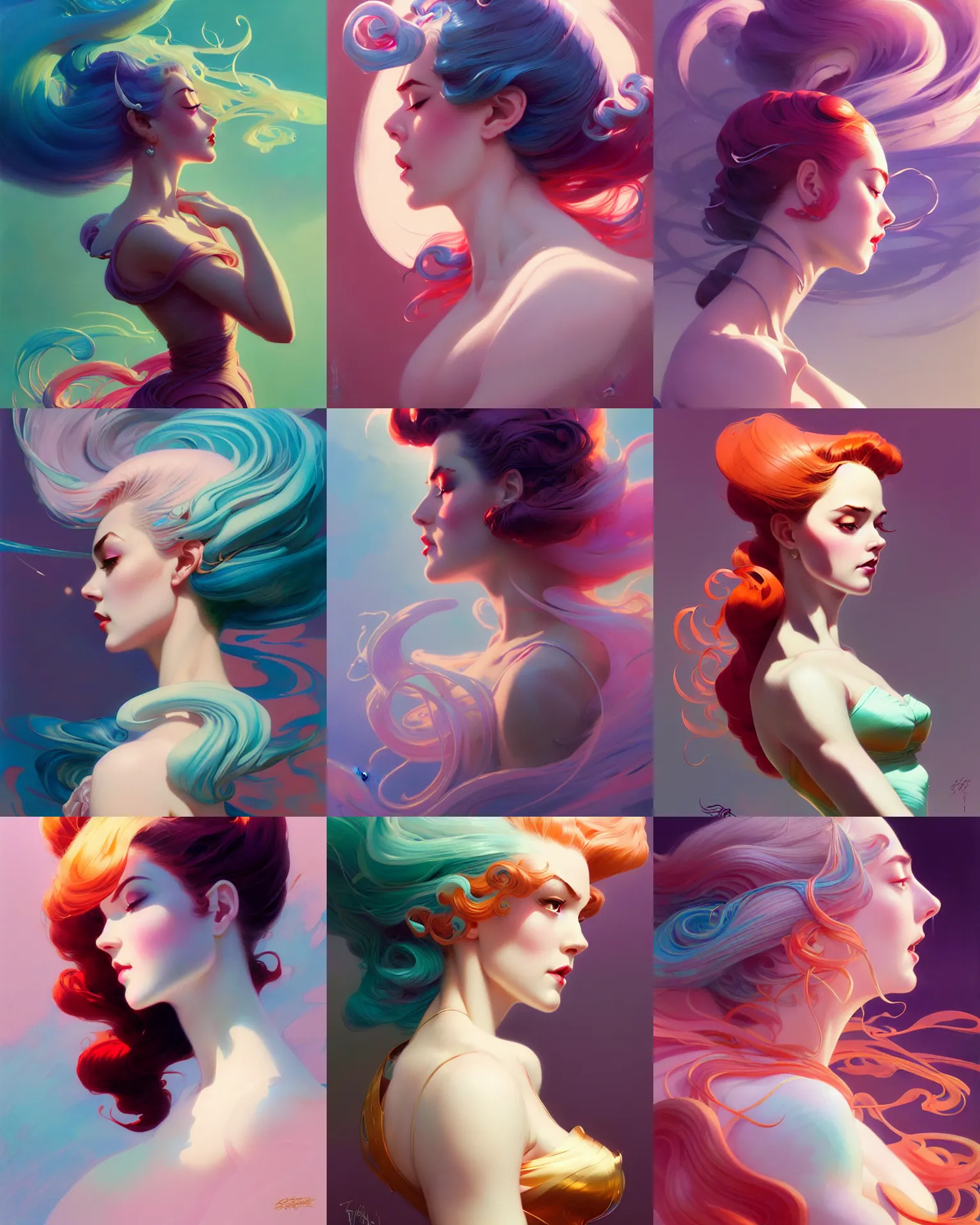 Prompt: side profile, 5 0's pinup girl, elden ring, elegant, highly detailed, concept art, smooth, colorful swirly magical ripples, pastel colors, by huang guangjian, sachin teng, greg rutkowski, jesper ejsing, ilya kuvshinov, artgerm, mucha