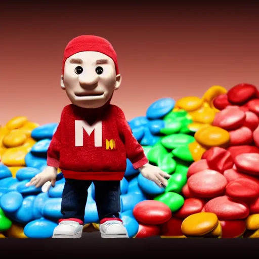 Prompt: eminem as the red m character standing on a floor coverd with m & m candies, round red m & m figure, m & m mascot, m & m figure, m & m plush, m & m candy dispenser, unreal engine, studio lighting, figurine, unreal engine, volumetric lighting, artstation, cosplay, by hans bellmer