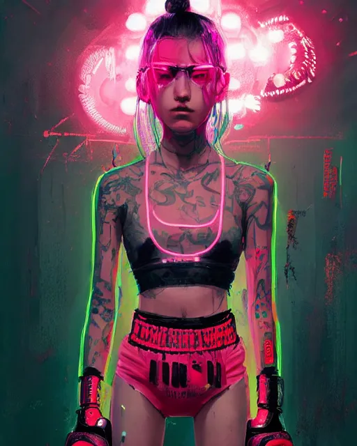 Image similar to detailed portrait Neon boxer Girl, cyberpunk futuristic neon, reflective crop top and shorts, boxing gloves, decorated with traditional Japanese ornaments by Ismail inceoglu dragan bibin hans thoma greg rutkowski Alexandros Pyromallis Nekro Rene Maritte Illustrated, Perfect face, fine details, realistic shaded, fine-face, pretty face