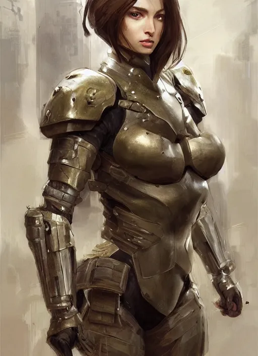 Image similar to a professional painting of a beautiful young female, clothed in military armor, olive skin, long dark hair, beautiful bone structure, symmetrical facial features, intricate, elegant, digital painting, concept art, smooth, sharp focus, illustration, from Metal Gear, by Ruan Jia and Mandy Jurgens and Artgerm and William-Adolphe Bouguerea