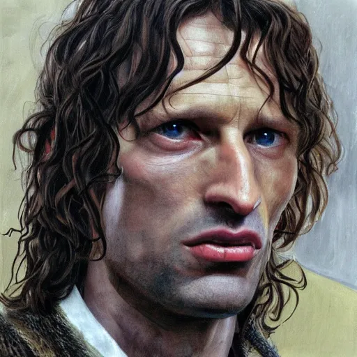 Prompt: high quality high detail painting by lucian freud, hd, aragorn from lord of the rings