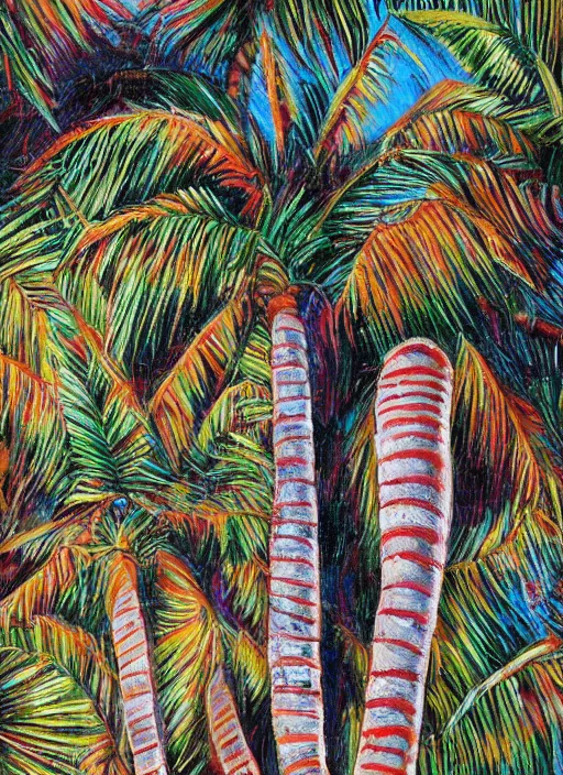 Image similar to baguettes grow instead of bananas on a palm tree, intricately detailed acrylic painting