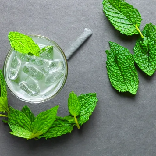 Prompt: Lemonade with mint leaves by a frog-shaped sculpture