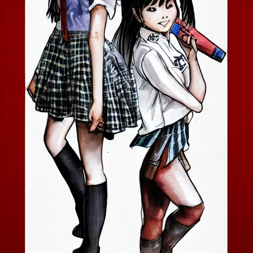 Image similar to a perfect, realistic professional digital sketch of a videogame, two Japanese schoolgirls posing, in style of Marvel, full length, by pen and watercolor, by a professional American senior artist on ArtStation, a high-quality hollywood-style sketch, on high-quality paper