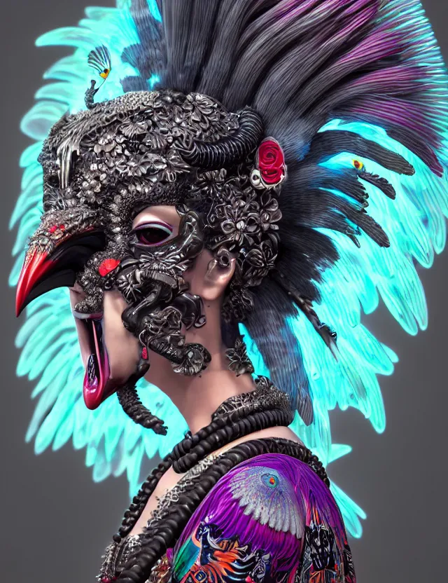 Image similar to 3 d goddess close - up profile portrait punk with mohawk with ram skull. beautiful intricately detailed japanese crow kitsune mask and clasical japanese kimono. betta fish, jellyfish phoenix, bio luminescent, plasma, ice, water, wind, creature, artwork by tooth wu and wlop and beeple and greg rutkowski