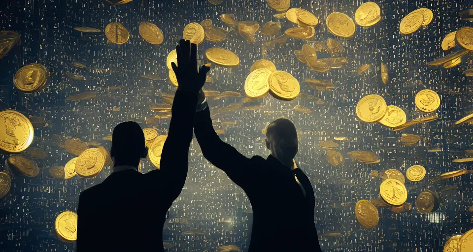 Image similar to Dramatic photo of a CEO waving goodbye to a group of silhouettes of his coworkers in a futuristic office. Golden coins are levitating all around them. 8k, high detail, trending on Artstation, volumetric lighting, cyberpunk