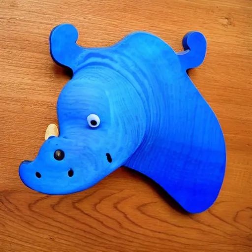 Prompt: expertly crafted etsy kids natural wood hippopotamus expertly fused with blue epoxy. the back of the wood shining hippo is made of blue epoxy. with a white photographers background.