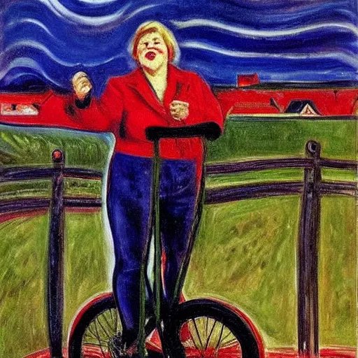 Prompt: Erna Solberg rising a unicycle oil canvas paining by Edvard Munch