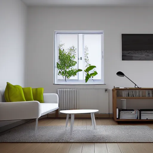 Prompt: modern interior in scandinavian style, white walls, wood table, sofa, carpet, 3 d render, 3 dsmax