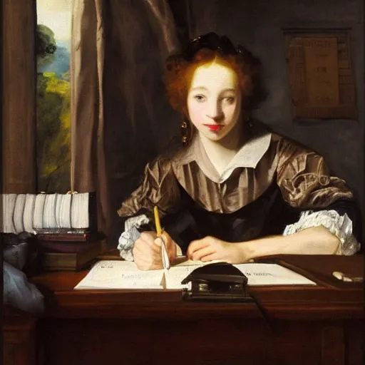 Prompt: a beautiful painting of the lofi girl studying at her desk by Antoon Van Dyck, trending on Artstation