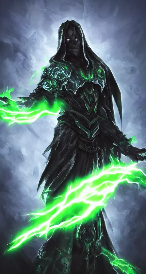 Image similar to illustration of dark priest holding green lightning, black halo, evil, power, green mist, scary, photorealistic, unreal engine, hellish background , Mtg , Dnd ,