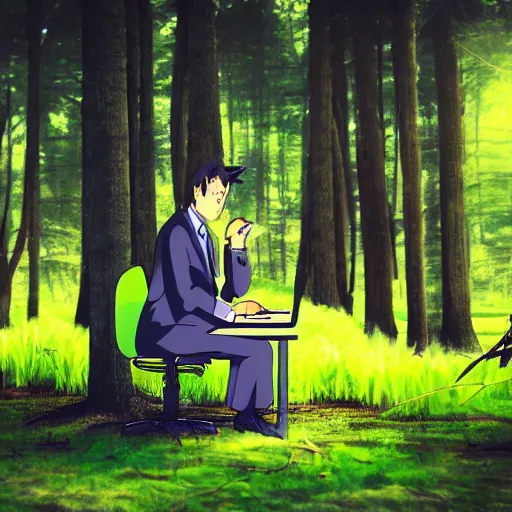 Image similar to a worker wearing a suit is sitting bored in front of his desk, it is inside a small cubicle which is completely surrounded by beautiful nature, total perspective, anime style