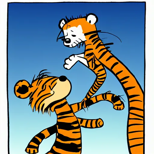 Prompt: Calvin and Hobbes in the style of Bill Waterson, single panel, full colour,