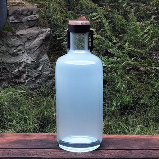 Prompt: translucent glass vodka bottle in the style of a propane cylinder