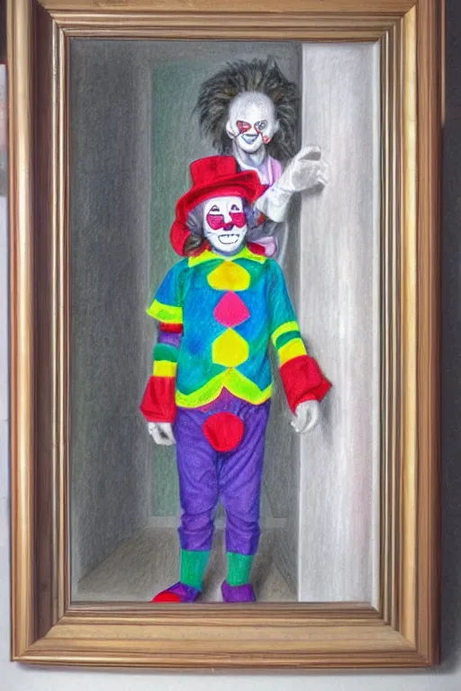 Image similar to colour pencil drawing of a Clown girl in a hallway of mirrors