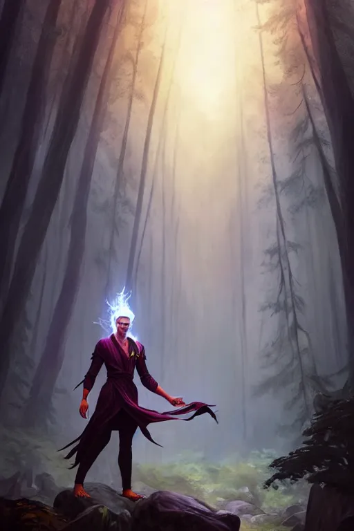 Prompt: a human elemental sorcerer, forest setting, colorful magic, male, white skin, young, sharp focus, concept art, dynamic lighting, unreal engine, character by emylie boivin, background by greg rutkowski