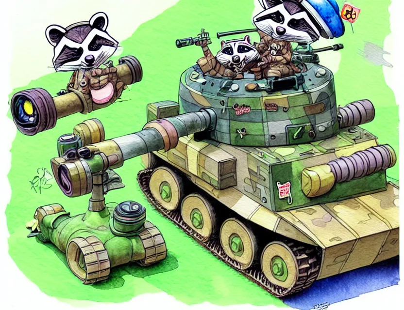 Image similar to cute and funny, racoon wearing army helmet riding in a tiny tank with large cannon, ratfink style by ed roth, centered award winning watercolor pen illustration, isometric illustration by chihiro iwasaki, edited by range murata