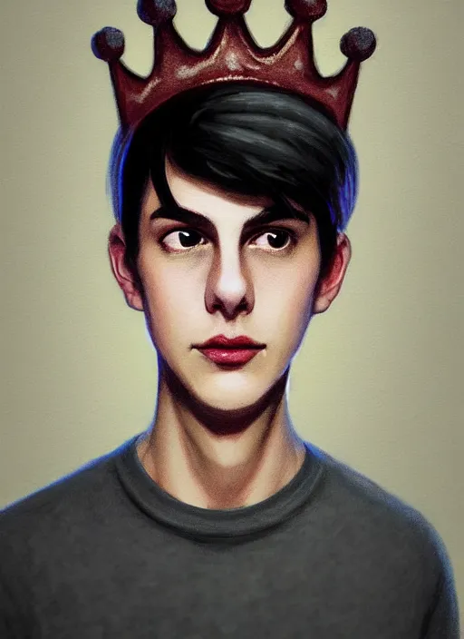 Image similar to portrait of teenage jughead jones wearing a light grey crown, photorealistic, crown, sweater with letter s on it, hamburger, eyes closed, crown, black hair, intricate, elegant, glowing lights, highly detailed, digital painting, artstation, concept art, smooth, sharp focus, illustration, art by wlop, mars ravelo and greg rutkowski