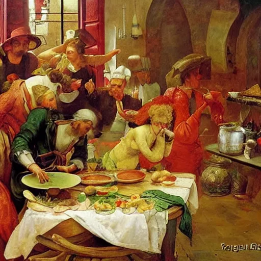 Image similar to Dramatic renaissance scene of cooking in the kitchen, maximalism, by Greg Rutkowksi and Ilya Repin