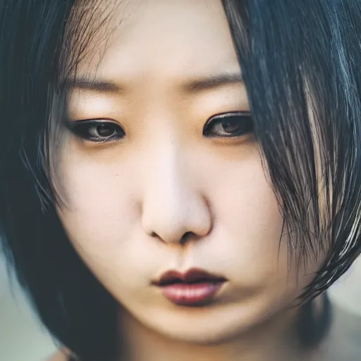 Image similar to beautiful gorgeous curvy Japanese edgy model girl with short hair, she's sad, sunset, 80mm lens, 1.2 aperture, grainy image, close up