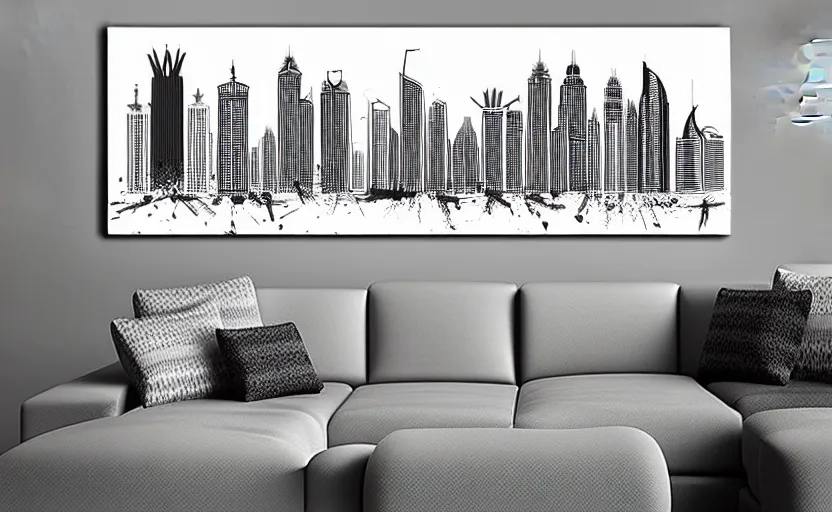 Prompt: minimalist outline drawing of dubai skyline on canvas