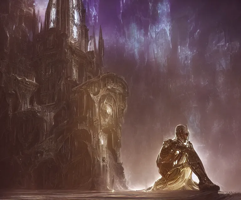 Image similar to translucent glowing cyborg sitting on a metal throne, futuristic castle as background, fantasy sci - fi, highly detailed, metallic, 2 0 0 mm focus