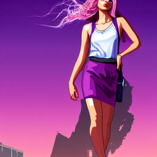 Prompt: a stunning GTA V loading screen with a beautiful woman with ombre hairstyle in purple and pink blowing in the wind, tanktop and skirt, city streets, digital art, trending on artstation