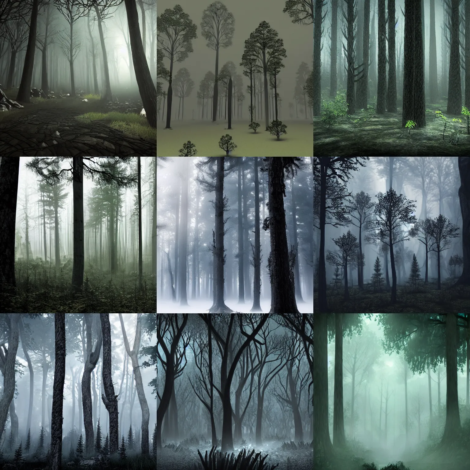 Prompt: a dark forest, lots of trees, black accents fantasy style, 8 k