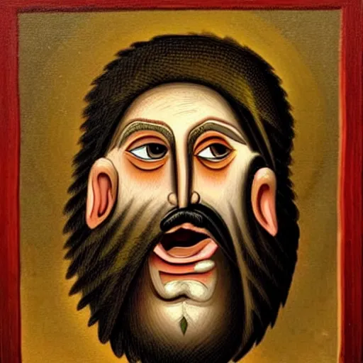 Prompt: portrait of ancient silly greek man with big eyes and sharp nose and open mouth. fine detail. artistic painting by lurid