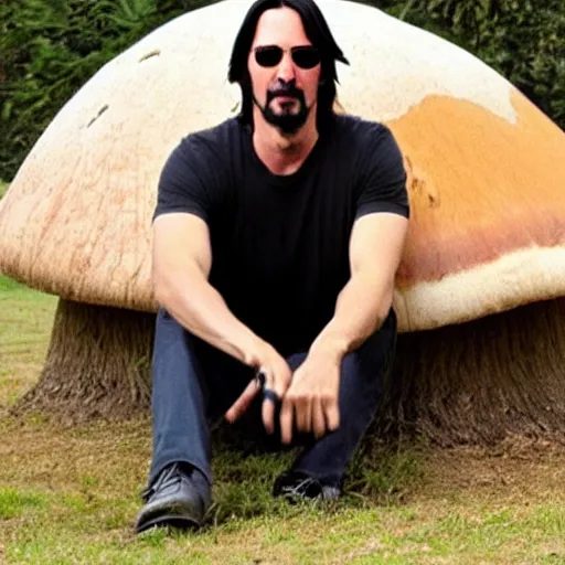 Prompt: Keanu Reeves sitting on a giant mushroom