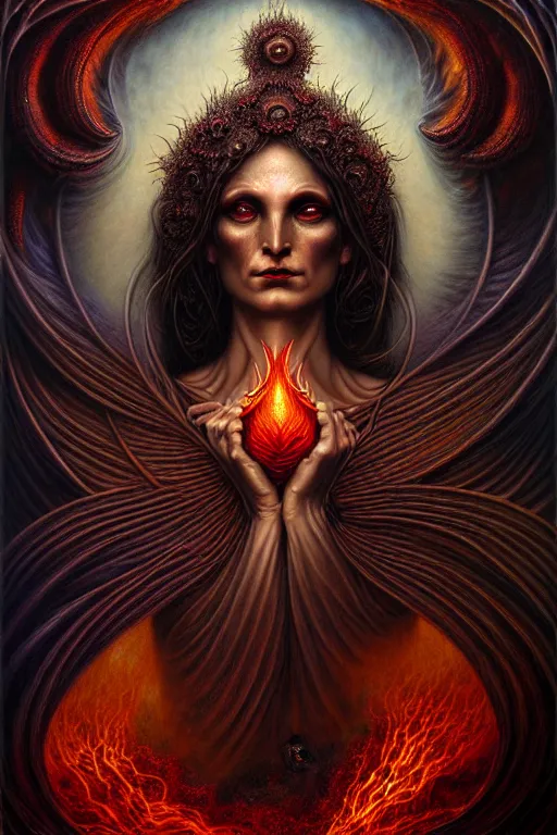 Prompt: A beautiful detailed godness woman super dark tarot card, by tomasz alen kopera and Justin Gerard, symmetrical features, ominous, magical realism, texture, intricate, ornate, royally decorated, melting, whirling smoke, embers, red adornements, red torn fabric, radiant colors, fantasy, trending on artstation, volumetric lighting, micro details, 3d sculpture, ray tracing, 8k, anaglyph effect