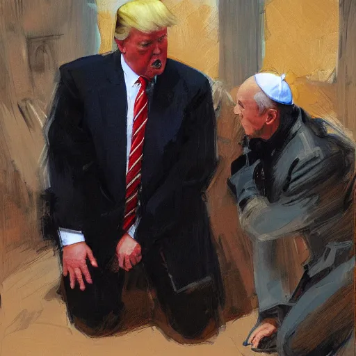 Image similar to pope kneeling in front of donald trump, detailed by greg manchess, craig mullins, bernie fuchs, walter everett