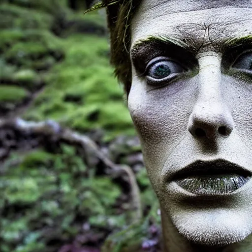 Image similar to Award-winning photograph by Mar Mann. The photo depicts a gigantic decaying roman bust of David Bowie overgrown with moss at the middle of a rainforest. Minimalism, high definition, perfect composition. Very dark. Volumetric Lighting. Darkness. Ruins