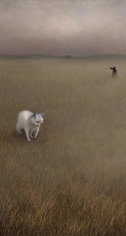 Prompt: a cat in the steppe, summer field, misty background, from the game pathologic 2, highly detailed, sharp focus, matte painting, by isaac levitan and asher brown durand,