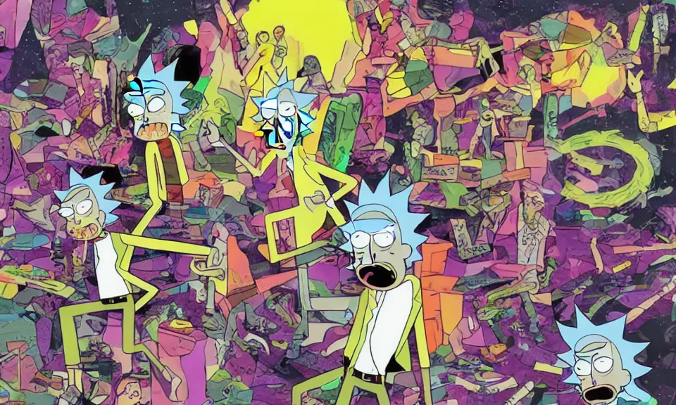 Prompt: abstract art of rick and morty, collage