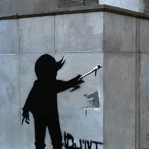 Prompt: banksy graffiti on black cube memorial, 1 9 9 9 aesthetic