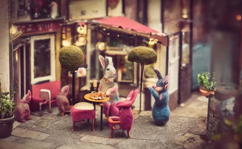 Image similar to miniature cafe diorama macro photography, cafe with felted bunnies, alleyway, ambient, atmospheric, british, cozy, bokeh, romantic