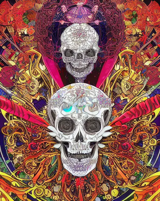 Image similar to anime manga skull art surrounded by varities of superhot chili peppers, cell shading, voronoi, fibonacci sequence, sacred geometry by Alphonse Mucha, Moebius, hiroshi yoshida, Art Nouveau, colorful, ultradetailed, vivid colour, 3d