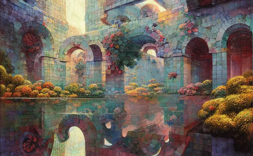 Image similar to tiled room squared waterway, aqueducts, fantasy. intricate, amazing composition, colorful watercolor, by ruan jia, by maxfield parrish, by marc simonetti, by hikari shimoda, by robert hubert, by zhang kechun, illustration, gloomy