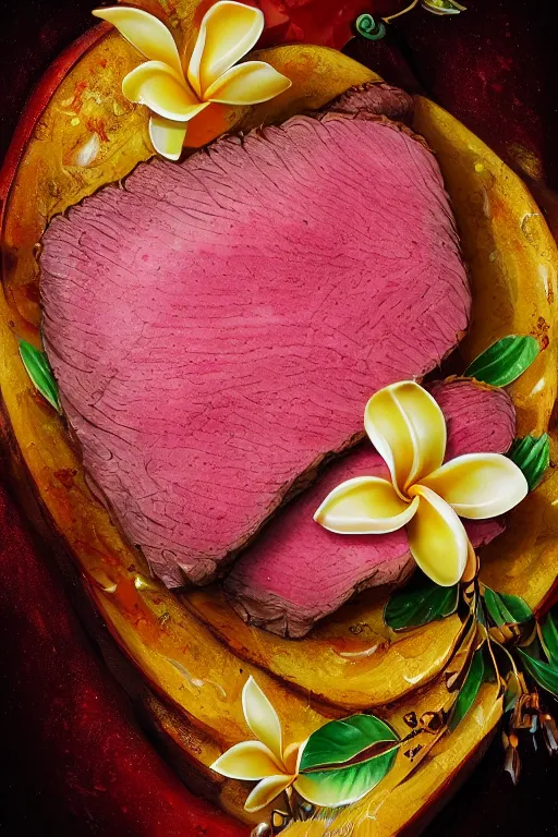 Image similar to ultra realistic illustration, portrait of sliced roast beef covered in honey and ketchup, plumeria tropical bouquet background, close up shot, fantasy, intricate, elegant, highly detailed, digital painting, artstation, concept art, smooth, sharp focus, illustration, surrealism