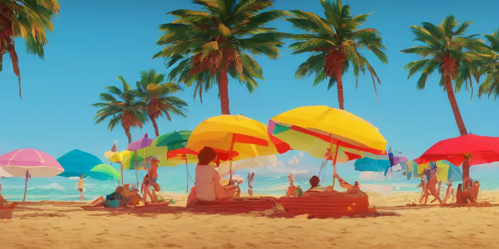 Prompt: a film still of a sunny and colourful beach scene without people in santa monica, los angelos, wide shot, waist up, wes anderson, studio ghibli, pixar and disney animation, sharp, rendered in unreal engine 5, anime key art by greg rutkowski, bloom, dramatic lighting