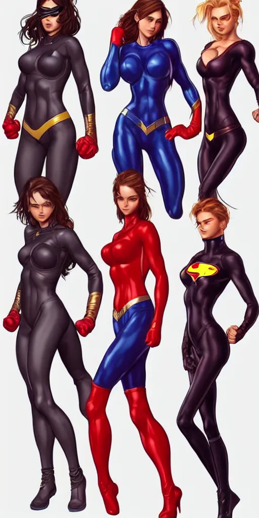 Image similar to a ultra detailed group of women super hero's in tight fitting clothes, very cute, very hot, trending on artstation.