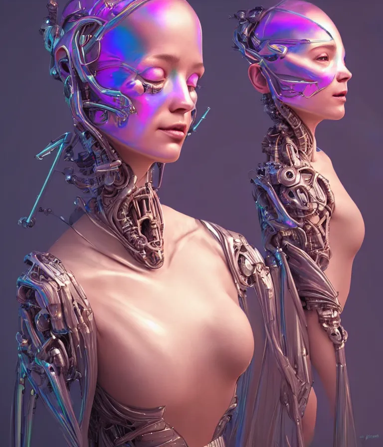 Prompt: iridescent portrait of a beautiful princess in robe. hard surface modelling. cyberpunk look. biomechanical mask. bio luminescent biomechanical halo around head. artwork by jarold Sng by artgerm, by Eddie Mendoza, by Peter mohrbacher by tooth wu, unreal engine, octane render, cinematic light, high details, iridescent colors, dichroic, macro, 4l